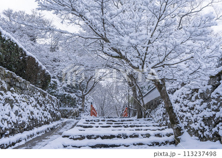 冬の京都　大原　雪景色の三千院参道　茅穂橋（未明橋） 113237498