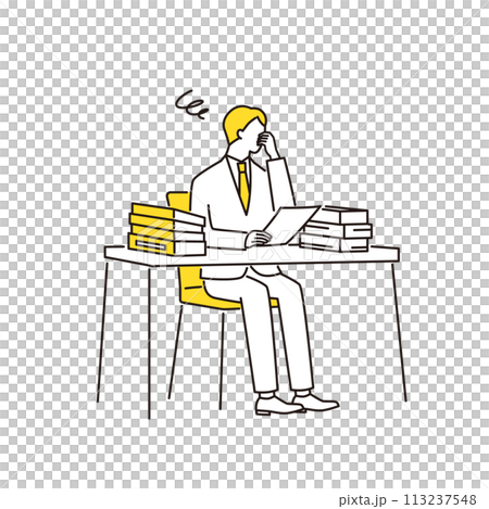 書類の山に頭を抱えるビジネスマン 書類の山に頭を抱えるビジネスマン 113237548