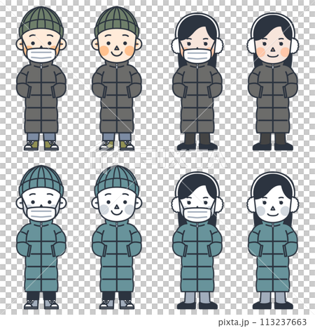 Illustrations of men and women in long padded jackets Illustrations of men and women in long padded jackets 113237663