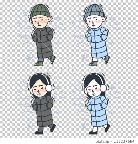 illustrations of men and women wearing long padded coats and shivering in the cold 113237664