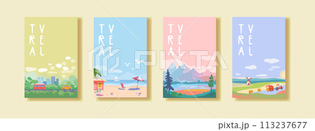 Set of summer travel and vacation posters. Landscapes of sea resorts, mountains and fields. Road with trees and transport near the city. Template for poster, web page or banner. Flat vector Set of summer travel and vacation posters. Landscapes of sea resorts, mountains and fields. Road with trees and transport near the city. Template for poster, web page or banner. Flat vector 113237677