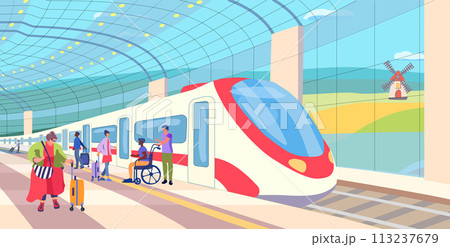 Overground metro station. Train on an open platform with passengers. Inclusion human. A plump lady with a suitcase. Landscape with a mill in the fields. Vector poster 113237679