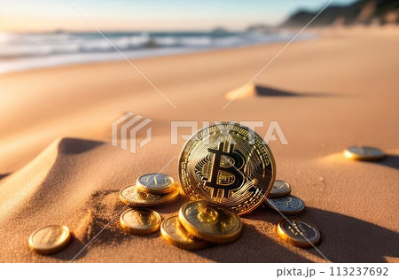 Concept. Bitcoin gold coins lie on the sand, near the ocean. Expensive cryptocurrency, mining. Close-up. 113237692