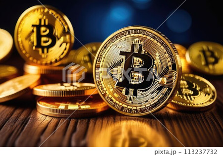 Gold bitcoin coins close-up on a wooden table. Dark background. Payment system concept. cryptocurrency Gold bitcoin coins close-up on a wooden table. Dark background. Payment system concept. cryptocurrency 113237732