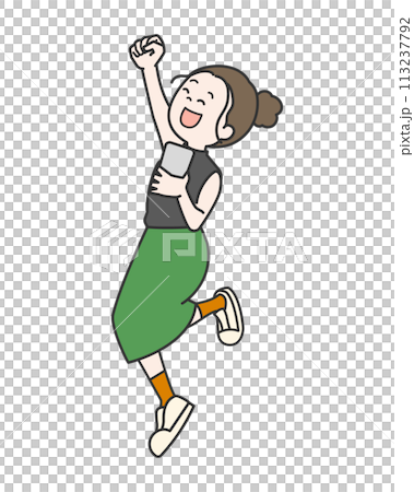 A woman jumping with a smartphone 113237792