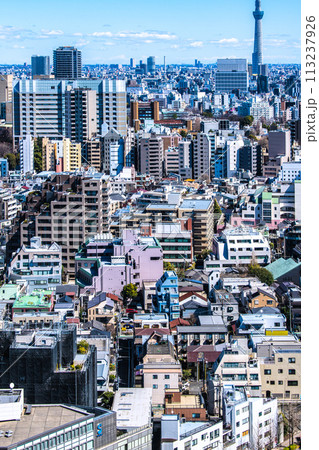 日本の東京都市景観傾斜制限の建築物…文京区本郷などの街を望む（右上奥にスカイツリーも見える） 113237926