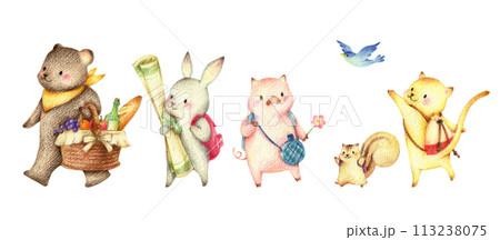 ピクニックに歩いて出かける動物たち 手描き色鉛筆画のイラスト素材