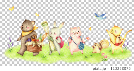 綠色田野裡的動物在野餐時行走,手繪色鉛筆畫 綠色田野裡的動物在野餐時行走,手繪色鉛筆畫 113238076