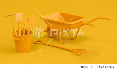 Garden wheelbarrow with garden tools like shovel, rake and fork on monochrome 113238703