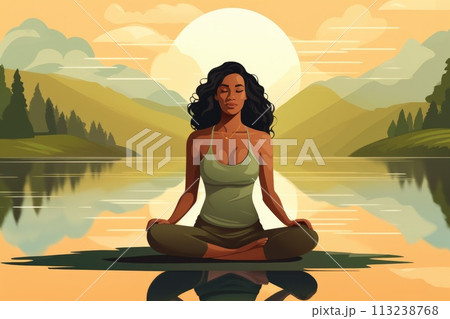 young woman doing yoga in peaceful landscape by lake illustration young woman doing yoga in peaceful landscape by lake illustration 113238768