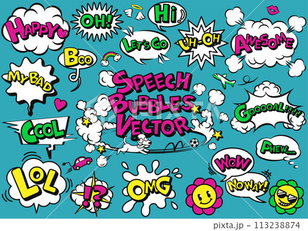 楽しいアメコミ風吹き出しとイラストのセット　文字あり 113238874