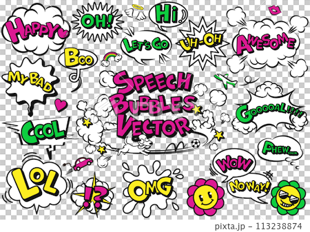 楽しいアメコミ風吹き出しとイラストのセット　文字あり 113238874
