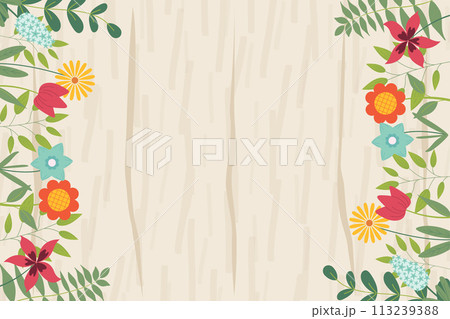 Hand sketched background, vector illustration. Borders with leaves and flowers for greeting card, invitation template in pastel colors on wooden texture background. Retro, poster, background. 113239388