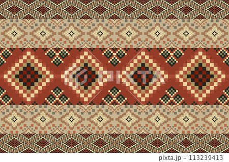 Navajo tribal vector seamless pattern. Native American ornament. Ethnic South Western decor style. Boho geometric ornament. Vector seamless pattern. Mexican blanket, rug. Woven carpet illustration. Navajo tribal vector seamless pattern. Native American ornament. Ethnic South Western decor style. Boho geometric ornament. Vector seamless pattern. Mexican blanket, rug. Woven carpet illustration. 113239413