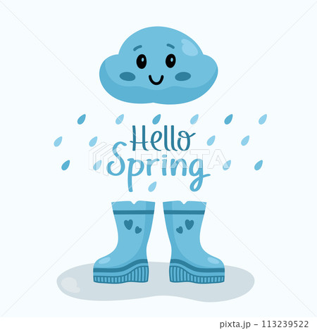 Cartoon rain cloud, blue rain boots. Hello spring 113239522