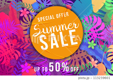 Summer Sale Template background colorful tropical plants, flowers and leaves 113239601