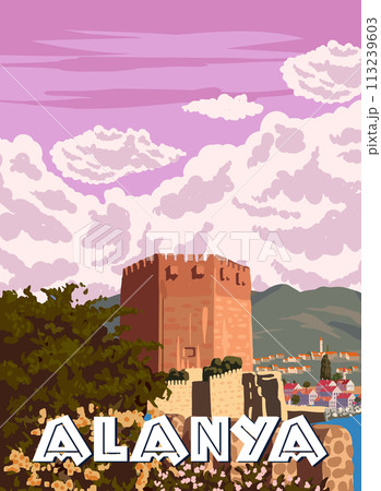 Retro Poster Alanya landmark, Turkey resort, Kizil Kule Red Towert skyline. Vintage touristic travel postcard, placard, vector Retro Poster Alanya landmark, Turkey resort, Kizil Kule Red Towert skyline. Vintage touristic travel postcard, placard, vector 113239603