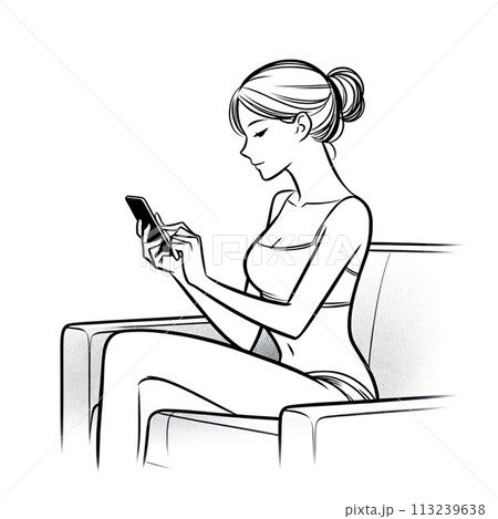 自宅でスマホを操作する女性の線画イラスト 113239638