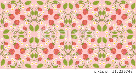 Seamless pattern design highlighting strawberries, cute berries, flowers, green foliage. Repetitive surface design suitable for kitchen apparel, fabrics, wrapping paper, and other purposes. Seamless pattern design highlighting strawberries, cute berries, flowers, green foliage. Repetitive surface design suitable for kitchen apparel, fabrics, wrapping paper, and other purposes. 113239745