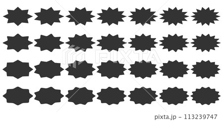 Collection of starburst badge label for sale promotion. Black silhouette sticker set. 113239747