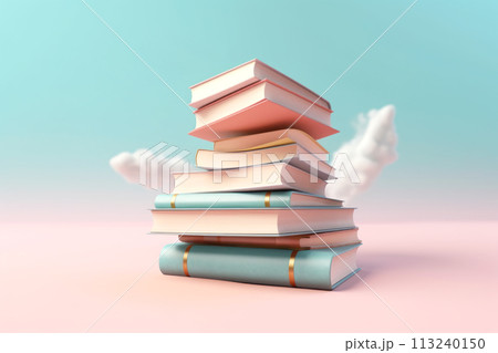 Futuristic illustration with a stack of books with pink and blue covers. Generated by AI. 113240150