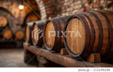 Large barrels in the cellar of the winery. Large barrels in the cellar of the winery. 113240296