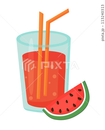 Fruit cocktail in glass with straw. Fresh Watermelon summer drink. Vector illustration. 113240313