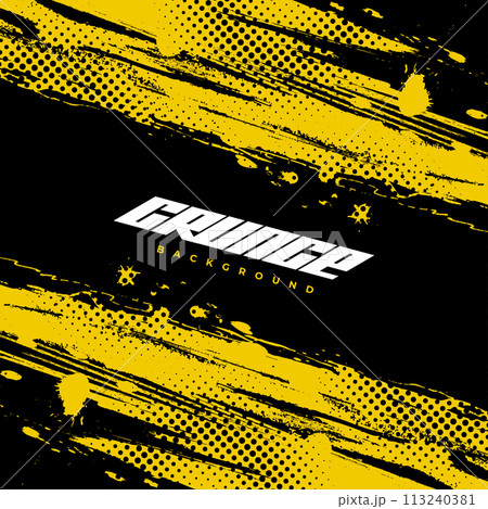 Abstract Black and Yellow Dirty Grunge Background with Halftone Effect. Sports Background with Brush Stroke Illustration 113240381