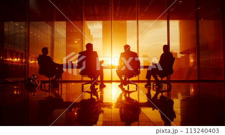 A group of men are sitting at a table in a conference room 113240403