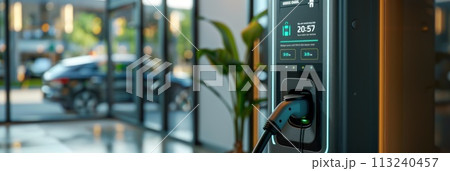 Detailed view of an electric vehicle charging station with a digital display showing environmental impact savings 113240457