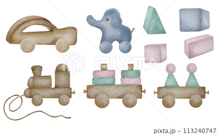 Set with baby wooden toys in neutral colors isolated on white. Car toy, geometric blocks hand drawn. Stacking train toddler toy in pastel colors. Elements for print, decoration little children room 113240747