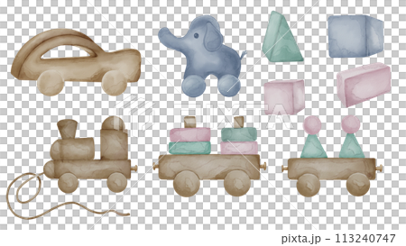 Set with baby wooden toys in neutral colors isolated on white. Car toy, geometric blocks hand drawn. Stacking train toddler toy in pastel colors. Elements for print, decoration little children room 113240747