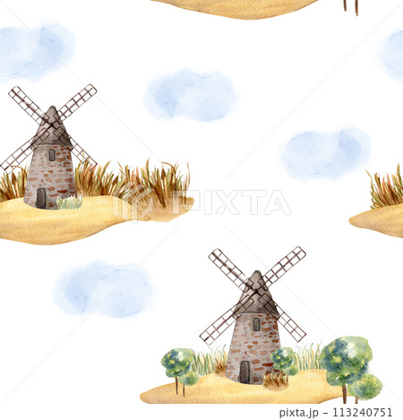 Windmill vintage in watercolor seamless pattern isolated on white background. Rural making bread mill hand drawn in sketch. Rural landscape for design package bread, flour, grocery store, bakery Windmill vintage in watercolor seamless pattern isolated on white background. Rural making bread mill hand drawn in sketch. Rural landscape for design package bread, flour, grocery store, bakery 113240751
