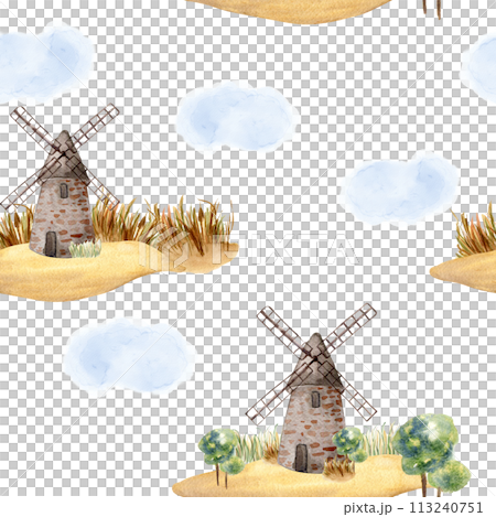 Windmill vintage in watercolor seamless pattern isolated on white background. Rural making bread mill hand drawn in sketch. Rural landscape for design package bread, flour, grocery store, bakery Windmill vintage in watercolor seamless pattern isolated on white background. Rural making bread mill hand drawn in sketch. Rural landscape for design package bread, flour, grocery store, bakery 113240751