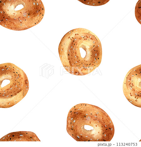 Fresh whole bagel with sesame on seamless pattern isolated on white. Hand drawn breakfast bread in watercolor for bakery. Bagel hand drawn . Element for design cookbook, wrapping, packaging 113240753