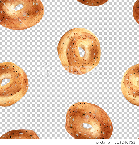 Fresh whole bagel with sesame on seamless pattern isolated on white. Hand drawn breakfast bread in watercolor for bakery. Bagel hand drawn . Element for design cookbook, wrapping, packaging 113240753