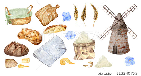Set of windmill, wooden board, straw basket, napkin watercolor illustration. Hand drawn rye and wheat bread isolated on white. Flax and ear of wheat. Elements for flour milling production, bakery 113240755