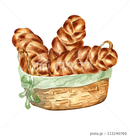 Challah bread in a straw basket watercolor illustration isolated on white background.Tradition Jewish bread for bakery hand drawn . Several challa. Element for design bakeshop, pastry, cookbook 113240760