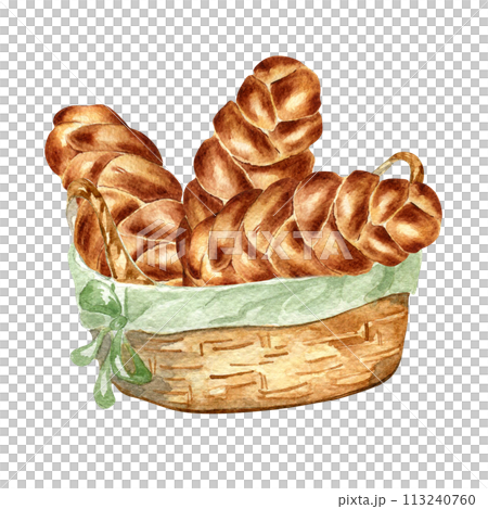 Challah bread in a straw basket watercolor illustration isolated on white background.Tradition Jewish bread for bakery hand drawn . Several challa. Element for design bakeshop, pastry, cookbook 113240760