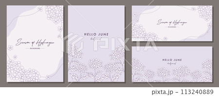 紫陽花 アジサイ 梅雨  hydrangea 素材セット フレーム 背景 ベクターイラスト シンプル 113240889