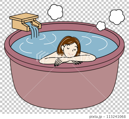 一個可愛的裸體女人在天然溫泉水的露天浴池中享受愉快沐浴的簡單插圖 一個可愛的裸體女人在天然溫泉水的露天浴池中享受愉快沐浴的簡單插圖 113241068