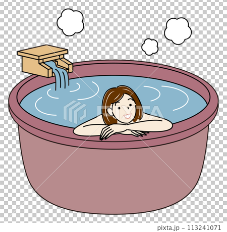 一個可愛的裸體女人在天然溫泉水的露天浴池中享受愉快沐浴的簡單插圖 113241071