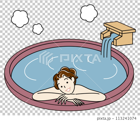 一個可愛的裸體女人在天然溫泉水的露天浴池中享受愉快沐浴的簡單插圖 113241074