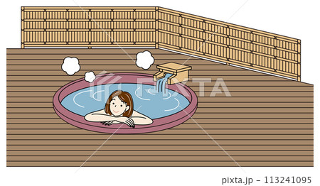 露天風呂付客室の源泉掛け流し温泉の陶器風呂で気持ちよさそうに入浴をしている裸の可愛い女性 シンプル  113241095