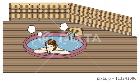露天風呂付客室の源泉掛け流し温泉の陶器風呂で気持ちよさそうに入浴をしている裸の可愛い女性 シンプル  113241096