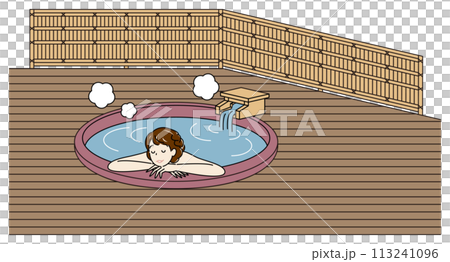 露天風呂付客室の源泉掛け流し温泉の陶器風呂で気持ちよさそうに入浴をしている裸の可愛い女性 シンプル  113241096