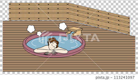 露天風呂付客室の源泉掛け流し温泉の陶器風呂で気持ちよさそうに入浴をしている裸の可愛い女性 シンプル  113241097