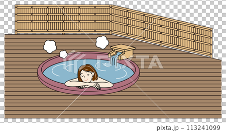 A cute naked woman taking a pleasant bath in a ceramic bath with free-flowing hot springs in a guest room with an open-air bath.Simple 113241099