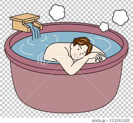 簡單的插圖，一個可愛的裸體男人在由源頭直接供應的露天溫泉浴中享受愉快的沐浴。 113241105