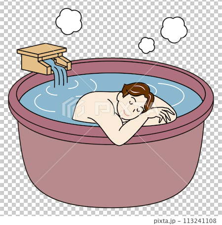 Simple illustration of a cute naked man taking a pleasant bath in an open-air hot spring bath fed directly by the source. 113241108